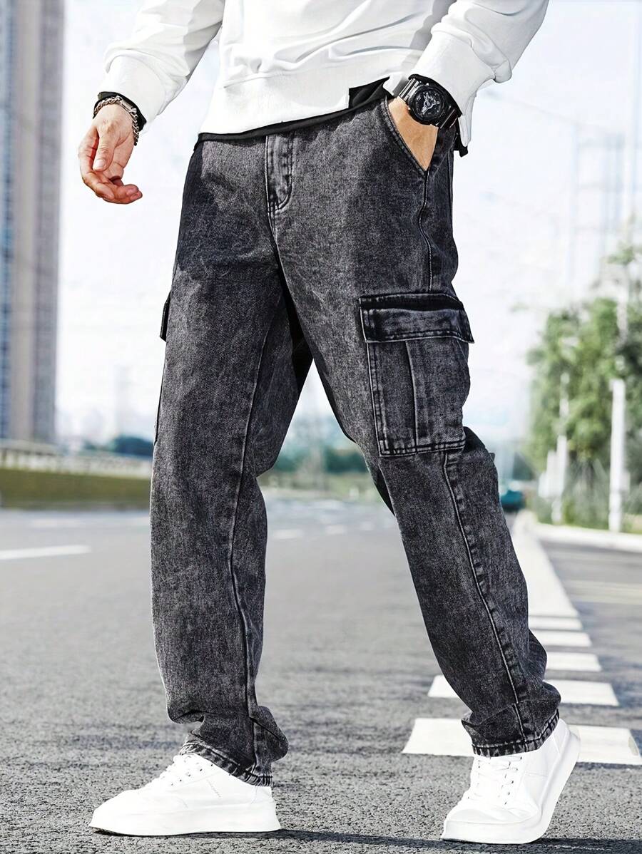 Men's Flap Pocket Side Cargo Jeans, Solid Color Long Straight Leg Washed Cargo Jeans In Deep Gray, Suitable Gift For Husband Or Boyfriend - 黑色 - 查看 1