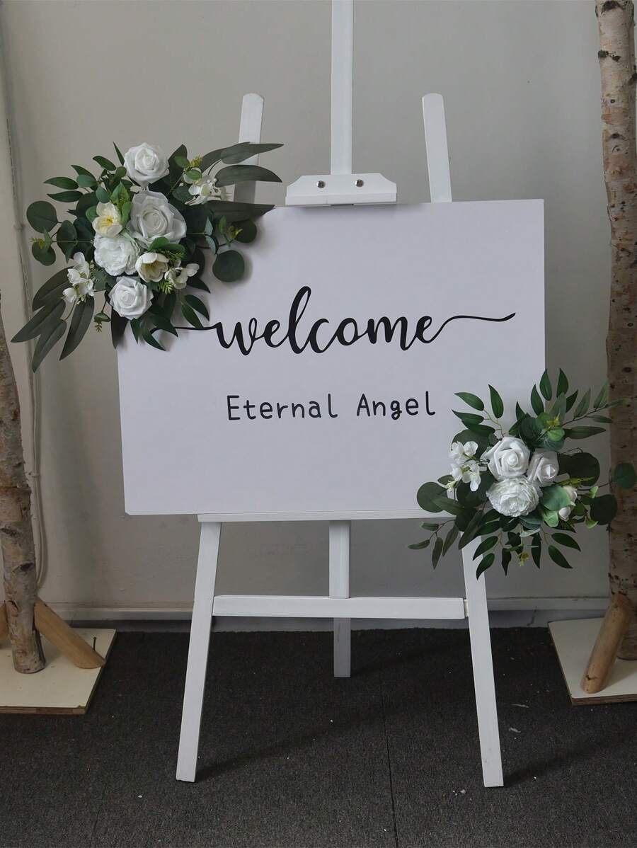 2pcs New Simulation Flower Wedding Birthday Party Directional Signs, Floral Decoration Arch Backdrop, Wedding Decor Props