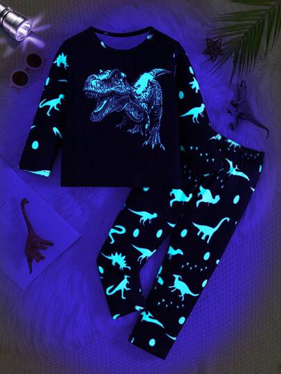 Toddler Boys Cartoon Dinosaur Pattern Glow-In-The-Dark Long Sleeve Top And Pants Pajama Set (Glows Only Under UV Light)