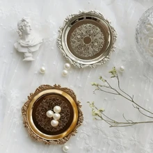 Bandeja metálica redonda, bandeja soporte para joyería para aretes, collares y anillos, recipiente de exhibición para escritorio, organizador y caja de almacenamiento para decoración de fiestas y viajes