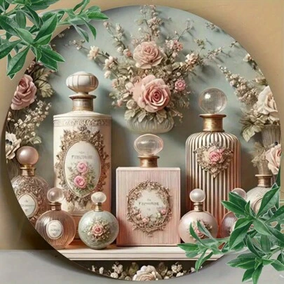 复古香水瓶系列墙饰，经典魅力圆形铁艺装饰，适用于家居、咖啡馆、餐厅、车库，独特的室内/室外墙面装饰 - 1 套（8x8 英寸），随机孔洞设计