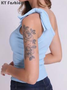 KY FASHION Asymmetrical Neckline Short Sleeve T-Shirt,Fashion Tops One Shoulder Women Blouse - 淺藍色 - 查看 3