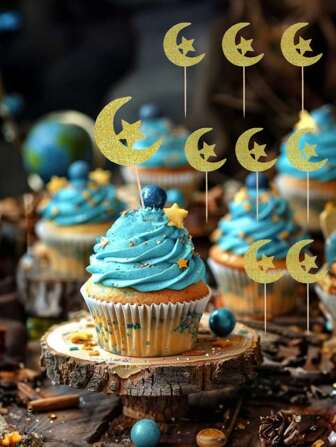 10/20 件闪亮新月和星星蛋糕装饰、开斋节蛋糕装饰、开斋节派对用品、金色亮片、甜点桌装饰、烘焙装饰、派对装饰