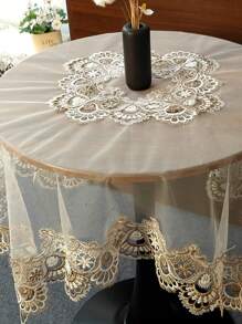 1 Pc Elegant Floral Embroidered Lace Tablecloth, Vintage Pattern Suitable For Indoor & Outdoor Events, Parties, Weddings, Dinners, Restaurants, Square & Round Tables - Light Brown - View 9