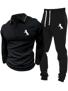 Men's Long Sleeve Polo Collar Knit T-Shirt With White Horse Print Drawstring Elastic Waist Jogger Pants 2 Pieces Casual Tracksuit For Outdoor Spring And Autumn Wear