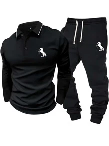 Men's Long Sleeve Polo Collar Knit T-Shirt With White Horse Print Drawstring Elastic Waist Jogger Pants 2 Pieces Casual Tracksuit For Outdoor Spring And Autumn Wear