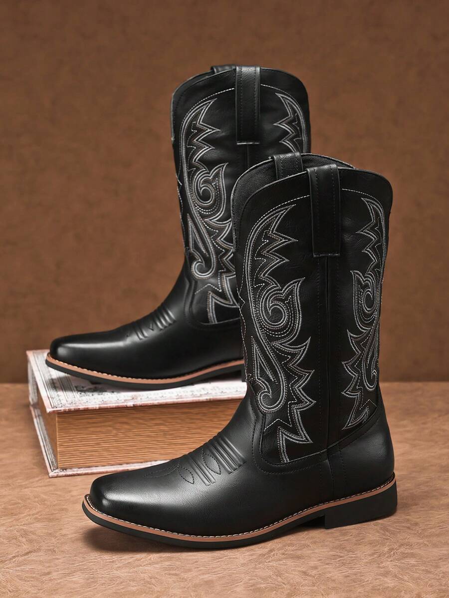 男士刺绣切尔西靴，适合所有季节，时尚户外高帮超纤皮靴，英伦风男靴，西部牛仔靴 - 黑色 - 查看 1