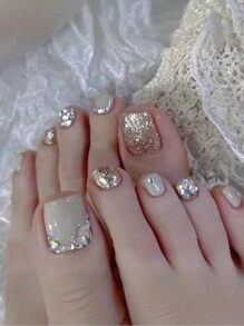 24 Pieces Of Short Square Press On Nails French Style 3D Gorgeous And Sweet Toenails, Paired With 1 Jelly Glue And 1 Nail File, Gorgeous Toenails, Suitable For Shopping, Travel, Vacation Parties, Birthdays, Etc