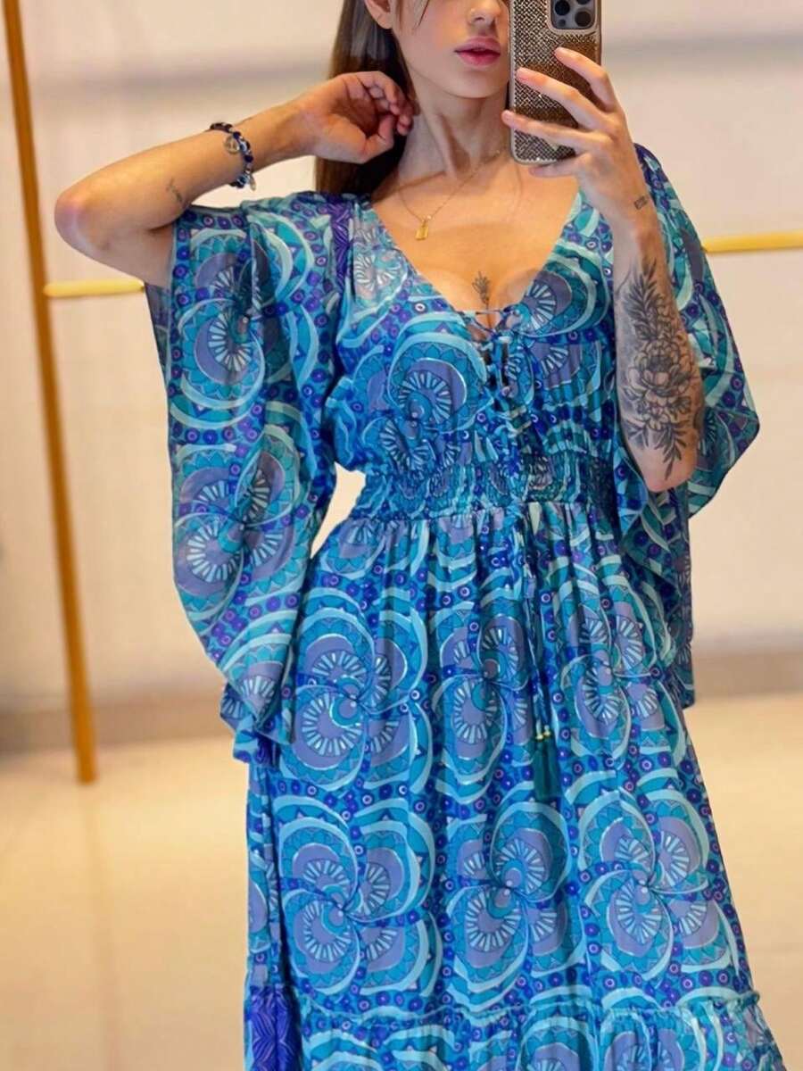 Elegant Long Dress BOHO Printed With Bat Sleeve, Wedding, Party, Leisure, Christening - 藍色 - 查看 1