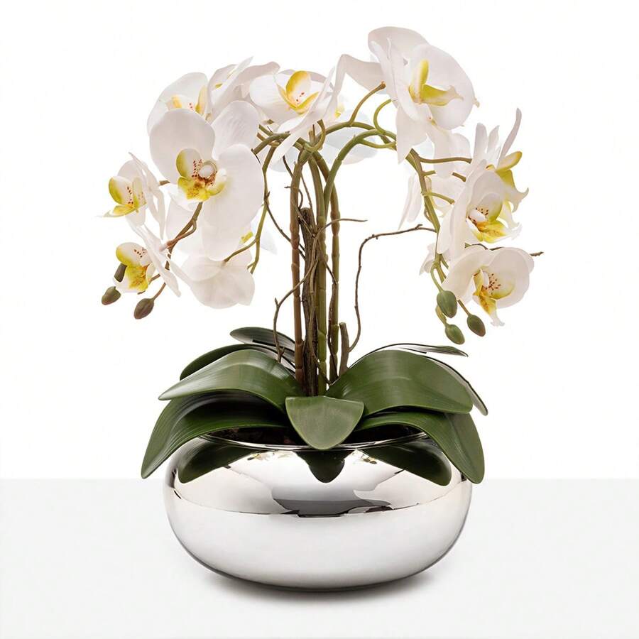 Silicone Orchid Arrangement With 4 Stems In Luxury Silver Mirrored Vase - trắng - Xem 1