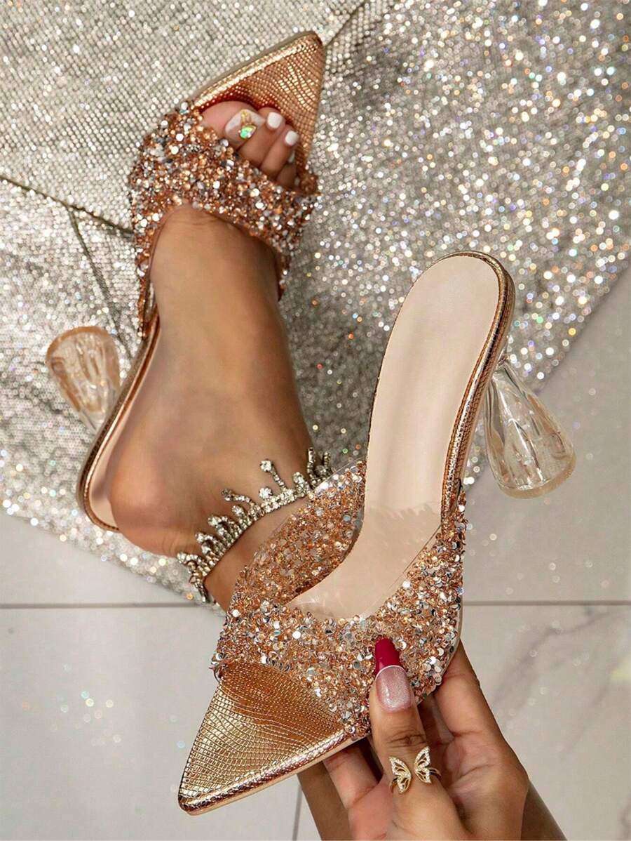Sandales à talons hauts élégantes en dentelle noire avec talon cristal volantée, convient pour les fêtes de Noël, Halloween, mariages, bout pointu - Champagne - Voir 1