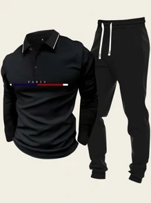 Conjunto de 2 piezas para hombre compuesto por una camisa tipo polo de manga larga con estampado de París y rayas de color, a conjunto con pantalones jogger, conjunto de chándal informal para primavera y otoño.