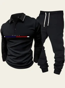 Conjunto de 2 piezas para hombre compuesto por una camisa tipo polo de manga larga con estampado de París y rayas de color, a conjunto con pantalones jogger, conjunto de chándal informal para primavera y otoño.