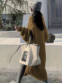 Cárdigan de punto acanalado de manga larga con bolsillos y cuello en V para mujeres de talla grande - Camel - Ver 2