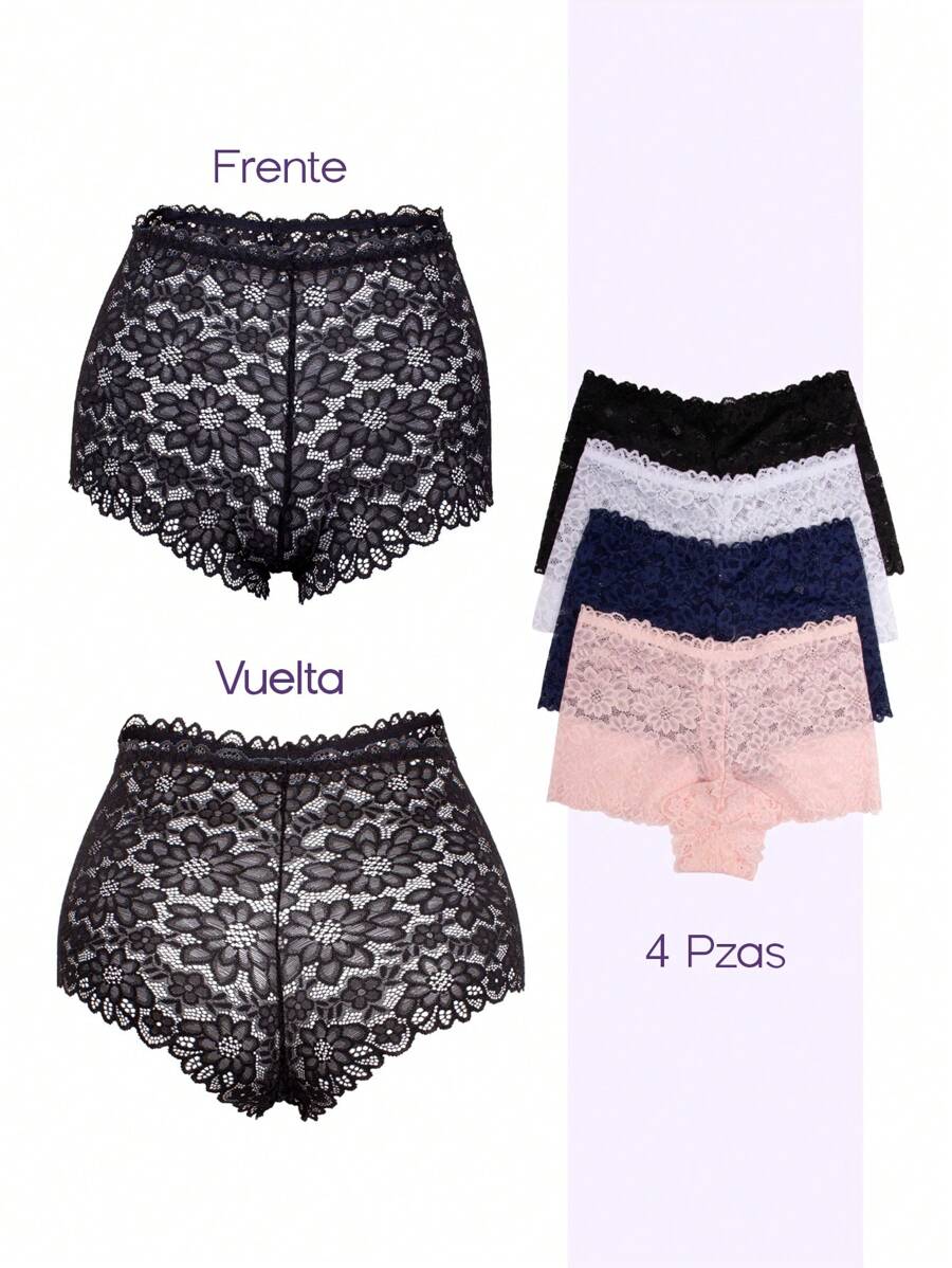 4pzs sexy cacheteros de encaje hermosa lencería sensual tallas plus - Negro - Ver 1