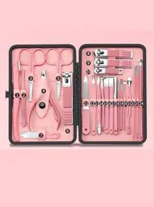 修甲套装、修脚套装、指甲钳套装、指甲钳套装、嵌甲套装、指甲修剪器套装、8/18/24件旅行指甲套装护理美容工具（带精致盒子）、美甲工具、美甲工具、指甲护理工具、粉色、旅行用品、美甲用品、足部护理、指甲护理