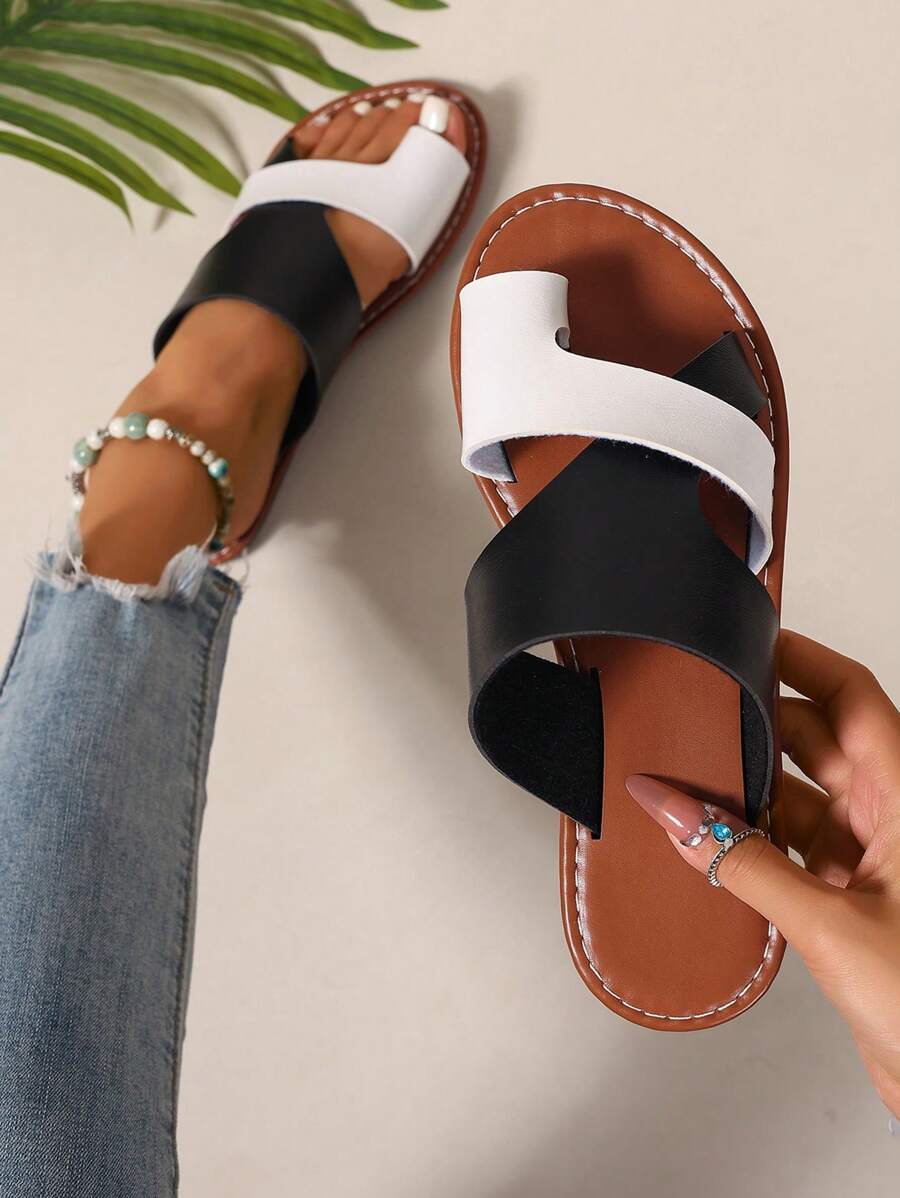 韩版休闲平底一脚蹬女凉鞋，露趾编织罗马夏季拖鞋，适合春季、夏季、海滩、度假，搭配连衣裙 - 黑色 - 查看 1