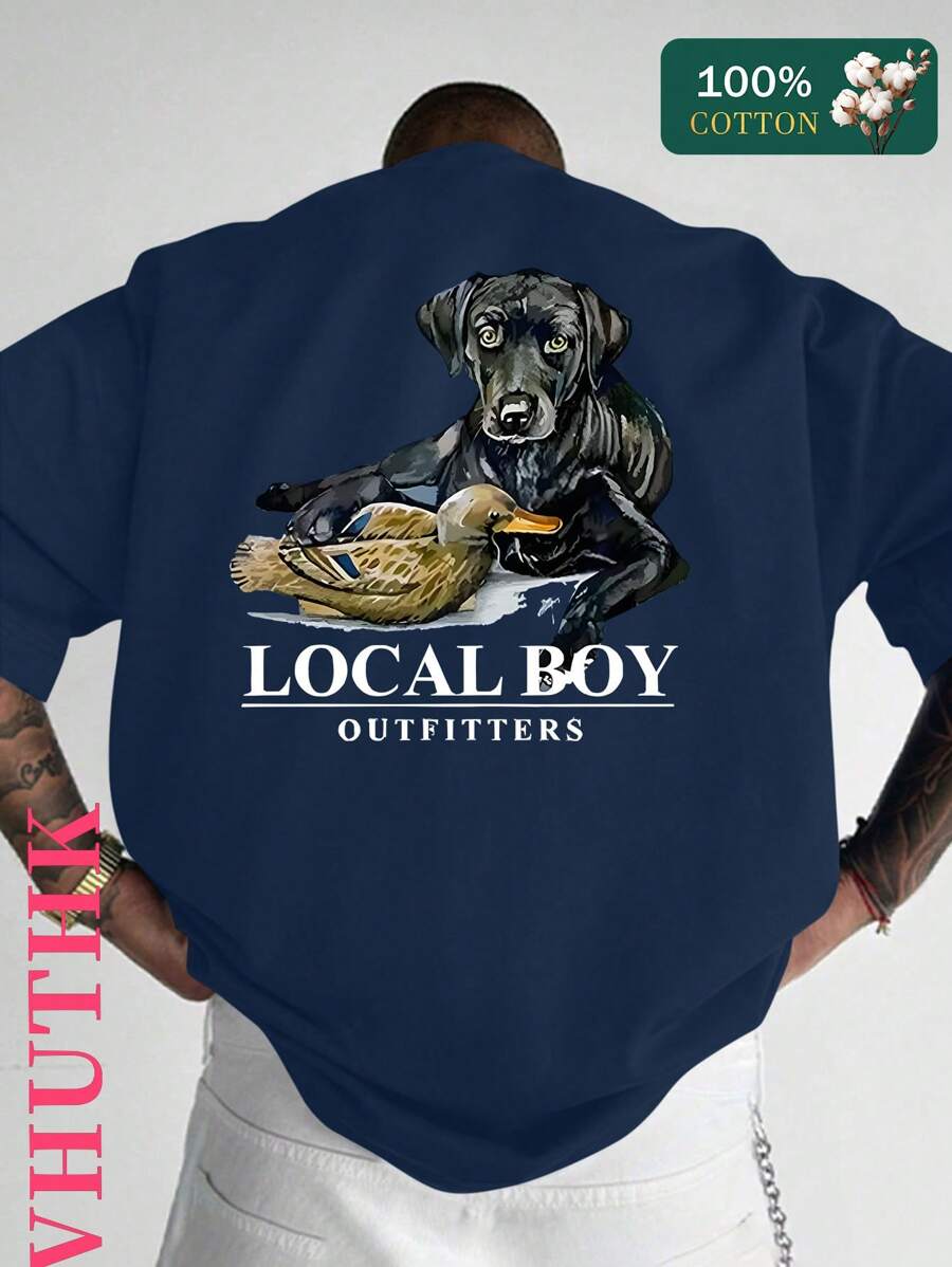 (220 Pure Cotton T-Shirt)    Men's Summer Round Neck Short Sleeved Casual Pure Cotton Print  LOCAL BOY OUTFITTERS - 藏蓝色 - 查看 1