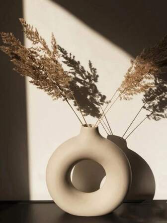 1 件白色塑料圆形花瓶装饰，仿真干花装饰花瓶，插花艺术花瓶，简约客厅展厅装饰，家居装饰，花瓶，餐桌装饰