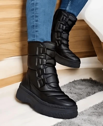 1 par de Botas de mujer de moda, Nuevas botas de invierno chamarra negras zapatos de invierno alta calidad para mujeres impermeable suela antideslizante engrosada cálidas botas detalle de chamarra temporada invernal mujeres facil de poner