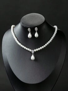 3-częściowy zestaw biżuterii z białej perły: kolczyki + krótki naszyjnik, elegancki zestaw biżuterii dla kobiet, modne dodatki kolczyki + naszyjnik dwa kawałki - Biały - Zobacz 8