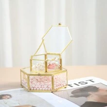 Brass Edged Hexagonal Jewelry Ring Storage Box, Modern Home Decor Gifts For Women Back To School