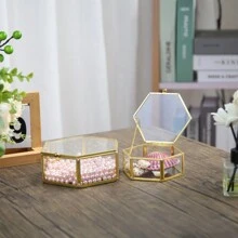 Brass Edged Hexagonal Jewelry Ring Storage Box, Modern Home Decor Gifts For Women Back To School