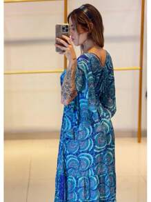 Elegant Long Dress BOHO Printed With Bat Sleeve, Wedding, Party, Leisure, Christening - 藍色 - 查看 4