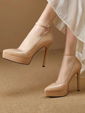 女士高跟鞋，细带搭扣高跟鞋，超高跟，粉色、杏色、裸色、酒红色、黑色、白色、红色、银色、金色可选，时尚百搭