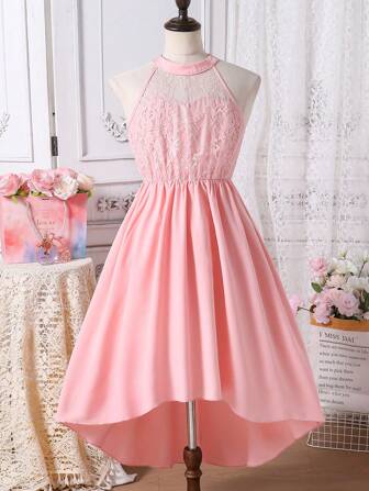 Tween Girl 圆领无袖蕾丝拼布奢华优雅连衣裙