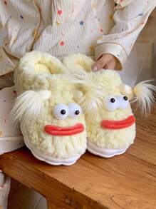 女士卡通辫子大眼怪兽保暖厚底拖鞋，毛绒舒适室内/户外家居拖鞋，适合秋冬季 - 黃色 - 查看 5