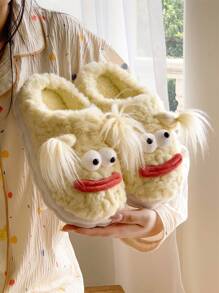 女士卡通辫子大眼怪兽保暖厚底拖鞋，毛绒舒适室内/户外家居拖鞋，适合秋冬季 - 黃色 - 查看 6