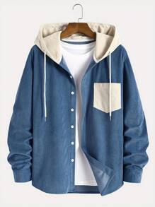 Men's Color Block Hooded Drawstring Cord Fabric Casual Stylish School Jacket For Daily Wear, Commute, Versatile Spring/Autumn New Style - 藍色 - 查看 1