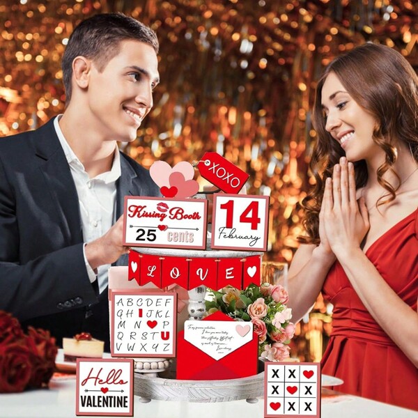 Juego de decoración de bandeja para el Día de San Valentín, letreros de madera con forma de corazón, kit de decoración de bandeja escalonada estilo rústico, decoración de mesa para el hogar y fiestas, centros de mesa festivos, regalo perfecto (bandeja no incluida)