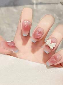 Bộ 24 móng tay giả hình quan tài chuyển màu 3D lập thể, thiết kế nơ trái tim đổi màu đính ngọc trai hồng nude ombre dành cho nữ và bé gái, thích hợp để đeo hàng ngày, ngày lễ, tiệc tùng, làm quà tặng, bao gồm 1 que keo dán thạch - Nhiều màu - Xem 1