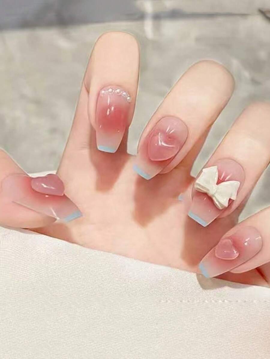 Bộ 24 móng tay giả hình quan tài chuyển màu 3D lập thể, thiết kế nơ trái tim đổi màu đính ngọc trai hồng nude ombre dành cho nữ và bé gái, thích hợp để đeo hàng ngày, ngày lễ, tiệc tùng, làm quà tặng, bao gồm 1 que keo dán thạch - Nhiều màu - Xem 1