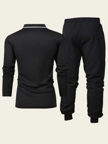 Men's Long Sleeve Polo Collar Knit T-Shirt With White Horse Print Drawstring Elastic Waist Jogger Pants 2 Pieces Casual Tracksuit For Outdoor Spring And Autumn Wear