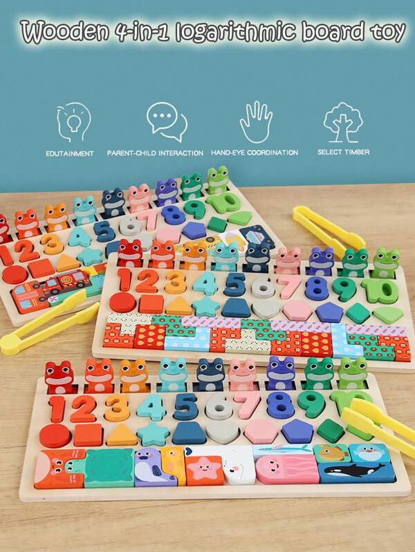 Children's Educational Early Education 4-In-1 Logarithmic Board Shape Puzzle Block Traffic Marine Animal Puzzle Toys Clip Frog Toys Shape Number Matching Wooden Toys Exercise Hand-Eye Coordination Hands-On Ability Brainpower