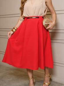 Midi Skirt With Belt And Pocket - Red - View 10