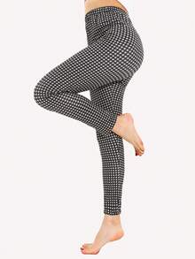 Women's Fashion Black & White Plaid Leggings With Star Print, Soft & Stretchy High Waist Material, Suitable For Sports, Fitness, Yoga, Outdoor Activities, 7/8 Length - Black - View 5