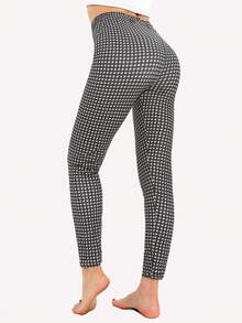 Women's Fashion Black & White Plaid Leggings With Star Print, Soft & Stretchy High Waist Material, Suitable For Sports, Fitness, Yoga, Outdoor Activities, 7/8 Length - Black - View 6