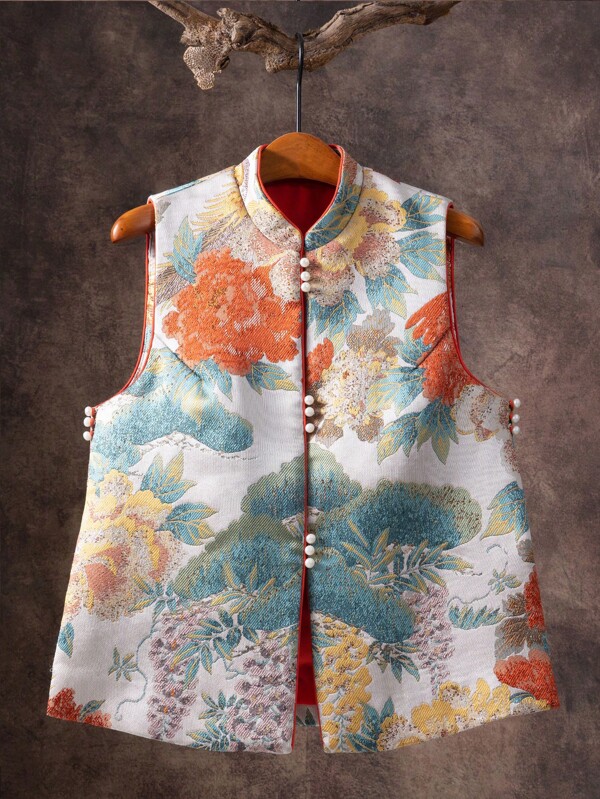 New Chinese Style Vest Slit Top For Women Retro, Elegant Tang Suit Stand Collar Sleeveless Vest Jacket Top - Front Button, Flower And Bird Pattern, Side Slit, Suitable For Daily Casual Wear