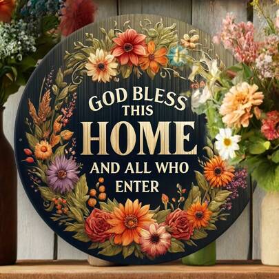 1pc Metal Welcome Sign Art - 8" Round "God Bless This Home And All Who Enter" - Wreath Design For Front Door, Porch And Entryway Decor, Random Hole Pattern