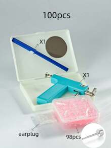 100 pièces/set Kit de perçage d'oreille stérile, (y compris 98 boucles d'oreilles plaquées argent) Pistolet de perçage d'oreille à usage unique avec faible douleur, convenant aux étudiants et aux outils et accessoires de beauté des oreilles personnels