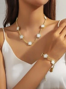 yhvmcl 1 pieza Elegante conjunto de collar de cadena multicapa de flor de cinco pétalos de metal minimalista para mujeres