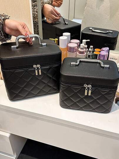 多色可选镜子并可存放化妆刷钻石形刺绣线高级化妆包，镜子收纳一体式便携式手持化妆盒，浴室收纳化妆包，ins风美妆收纳包，波西米亚风，适合度假海滩，浴室收纳，卧室收纳，大容量