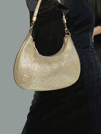 Gold Diamond Studded PU Metallic Shiny Crescent Moon Shoulder Bag, Chic Underarm Bag, Crossbody Bag, Elegant Saddle Bag, Unique Design High-Quality Handbag, Fashion Half-Moon Style Chain Crossbody Bag, Diamond Studded Glistening PU Clutch, Mini Formal Party Bag