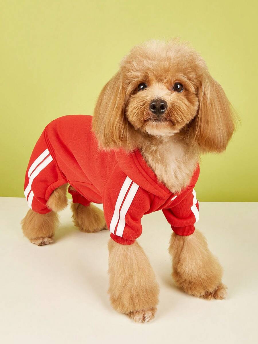 1pc Pet Solid Color Hoodie Sweatshirt, Vertical Stripe Design For Small Dogs & Cats - Red - View 1