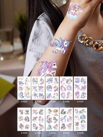 Temporary Unicorn Tattoos Beautiful Cartoon Transfer Stickers For Girls Kids Unicorns Hearts Rainbows Birthday Party Favor Gifts