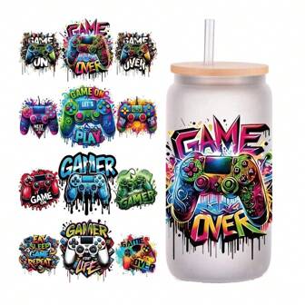 4 Sets Graffiti Gaming Controller UV DTF Transfer Sticker, For 16oz Glass Cup Package, Neon Game DIY Self-Adhesive Cup Wraps For Tumblers & Bottles, 3D Crystal Stickers High-Quality